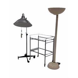 Tubular two tier hospital trolley with removable glass shelves, raised on castors (W78cm) together with an Industrial style pendent light fitting, on an adjustable and telescopic base with castors (H167cm) and a 1980s uplighter (H181cm) 