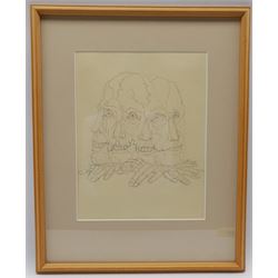 Circle of Austin Osman Spare (British 1886-1956): Four-faced Skull and Hands, pen and ink signed with initials MV? 28cm x 22cm