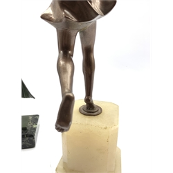 Art Deco spelter figure of a Dancer on stepped alabaster base H35cm together with an Art Deco patinated Spelter figure of a Dancer on square marble base, inscribed Charles (2)