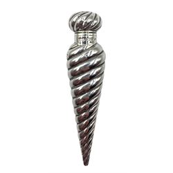 Late Victorian silver scent flask of spiralling conical form with hinged cover and interior glass stopper L12.5cm Birmingham 1898 Maker Horton & Allday