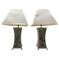 Pair of contemporary square form table lamps, each decorated with botanical studies on claw feet, complete with square shades, H72cm