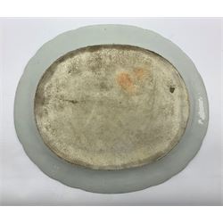 Late 18th/early 19th century Chinese export oval meat plate decorated in blue and white with a river landscape within a geometric border with small landscape panels W41cm