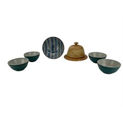 David Lloyd Jones (1928-1994) - Set of four turquoise studio pottery bowls, D13cm,  bowl with a blue geometric pattern D20cm and a cheese dish and cover