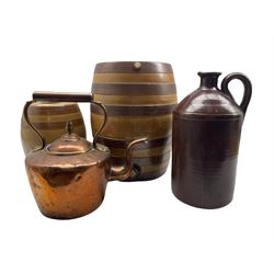Two salt glazed banded stoneware barrels H38cm, brown glazed stoneware flagon and a 19th century copper kettle (4)