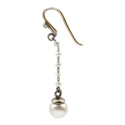 Pair of platinum white pearl and seed pearl pendant earrings, with 9ct gold fish hooks