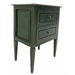 Small green painted bedside chest, fitted with two drawers, raised on square tapered supports W50cm