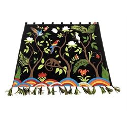 Jan Constantine Tropical Paradise embroidered wool wall hanging on black ground with tabs and tassels, 150cm x 125cm with original tags