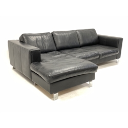 BoConcept - contemporary three seat sofa with adjustable headrests, one end with integral foot rest, upholstered in black leather and raised on chrome supports  