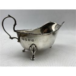 Pair of silver sauce boats with loop handles on triple shaped supports Glasgow 1913 Maker Robert Scott 6.9oz