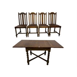 Early 20th century oak extending dining table, raised on spiral turned supports united by x-stretcher; and set four matching high back dining chairs 