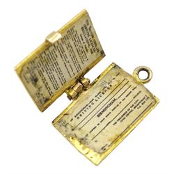 Five 9ct gold charms including lantern, driving licence, trophy and water pump, all hallmarked