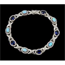 Silver opal and cubic zirconia link bracelet, stamped 925