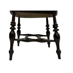 19th century elm and ash captains smokers bow chair, ached horse-shoe back with spindle supports, raised on turned supports united by double H-stretcher
