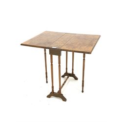 Late 20th century burr walnut Sutherland table, the top raised on tuned uprights leading to arched sledge feet, W61cm