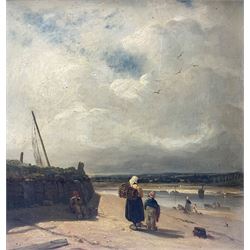 Attrib. Paul Huet (French 1803-1869): 'Low Tide at the Mouth of the Estuary', figures in a seaside landscape, oil on board unsigned, titled verso 32cm x 29cm