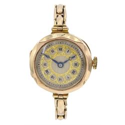 Early 20th century 9ct gold ladies manual wind wristwatch, Glasgow import marks 1927, on rose gold expanding link bracelet, stamped 9ct