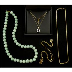 Gold stone set pendant necklaces and a gold curb link chain necklace, all 9ct, silver-gilt abacus pendant necklace and a jade bead necklace