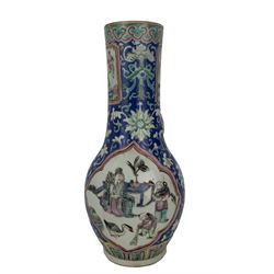19th century Chinese famille rose vase, decorated with two lozenge shape reserves depicting figures in an interior setting and the other of figures feeding ducks, with applied pink glazed dragon to the neck and two further reserves on a scroll painted blue ground, unmarked, H26.5cm 