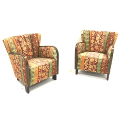 Pair mid to late 20th century continental beech framed shell back armchairs in the Art Deco style, upholstered in striped floral linen, bentwood arms, raised on block supports, possibly German, W67cm, seat width - 49cm, seat depth - 50cm, total height - 81cm