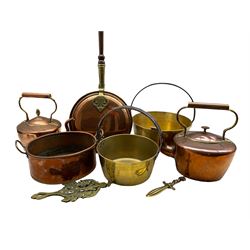 Victorian brass preserve pan D29cm, smaller preserve pan, warming pan,  copper planter, two copper kettles etc