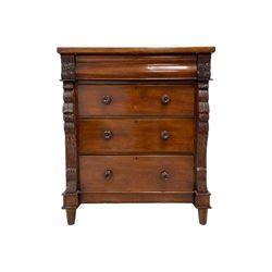 Victorian mahogany Scotch chest, rectangular top over secret frieze drawer and three deep drawers, flanked by carved and swept uprights with foliate decoration, raised on octagonal tapering feet 