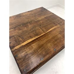 Eastern hardwood square coffee table, iron studded and with wrought brackets, raised on turned supports 100cm x 100cm, H42cm
