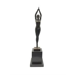 Art Deco style bronze figure of a dancer, standing on her tiptoes and with hands raised above her head, after 'Chiparus', with foundry mark, H50cm overall