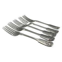 Five 19th century silver fiddle and shell pattern dessert forks, various dates and makers (5)