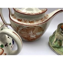 Early 19th century oval English teapot decorated with trailing gilt flowers and leaves, Spode design teapot printed with a vignette, Wemyss honey pot base decorated with a hive and bees, Staffordshire figure of Red Riding Hood and other items