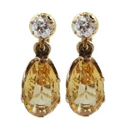 Pair of early 20th century gold pear shaped imperial topaz and old cut diamond pendant, screw back earrings