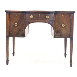 Small 19th century mahogany sideboard fitted with bow front centre drawer and two cupboards, raised on square tapered supports with peg feet W109cm, H89cm, D51cm