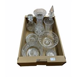 Stuart crystal decanter, another cut glass decanter, Stuart fruit bowl, cut glass trumpet form vase and other glass in one box