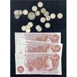 Four Hollom ten shilling notes, all 'R56', number of silver three penny coins etc