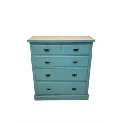 Blue painted chest of drawers, fitted with two short and three long drawers, raised on a plinth base 