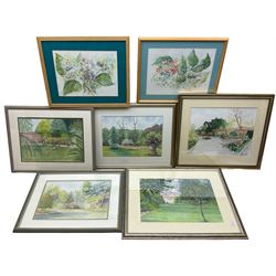 Kathleen Clark (British 20th century): Garden Landscape, set four watercolours signed together with pair still life watercolours and another garden watercolour (7)