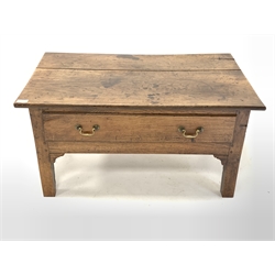 Antique elm coffee table, square top over single drawer with brass drop handles, raised on square supports 
