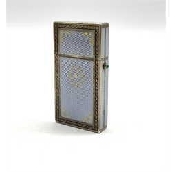 Edwardian ladies silver gilt and guilloche enamel visiting card case inlaid with gold pique on a blue ground within a wheat ear border 8cm x 4cm London 1908 Maker Percy Edwards