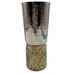 Aurum - TheYork Minster limited edition silver goblet by Hector Miller for Aurum of tapering form with planished finish on gilded foot with cast and chased decoration No.429/500 H16.5cm London 1972  with original box and booklet