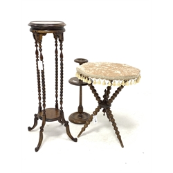 Victorian walnut gypsy table, the octagonal velvet lined pine top raised on bobbin turned supports (W51cm, H63cm) together with a Victorian walnut jardiniere stand with spiral turned supports (H101cm) and a small turned oak stand (H64cm)