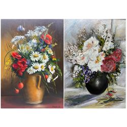 Simon Bela (Continental 20th century): Still Life of Wild Flowers in a Vase, oil on board signed 48cm x 34cm; Continental School (20th century): Still Life of Roses in a Vase, oil on board indistinctly signed 34cm x 24cm (2)