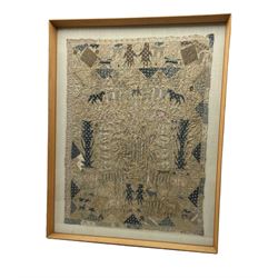 19th century Folk Art Pictorial cotton crib quilt, appliqued with a central sun motif, farm animals, pheasants, figures, hearts and geometric forms within pieced border, framed, 82cm x 63cm (overall 94cm x 77cm)