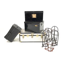 Three assorted metal trunks, together with five saddle and tack room racks