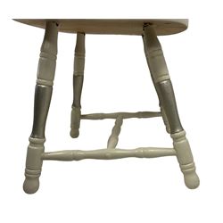 Painted oak breakfast table, circular top raised on white painted turned pedestal with quadrupod base (W100cm H76cm); and set four painted oak kitchen chairs, hoop and stick back, raised on turned supports united by H-stretcher, with silver finish detail and bee decoration (W44cm H90cm)