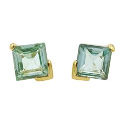 Pair of 9ct gold single stone princess cut paraiba tourmaline stud earrings, stamped 375