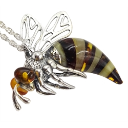  Silver amber honey bee pendant necklace stamped 925  