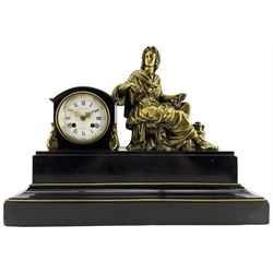 Late 19th century 8-day French mantle clock - in a Belgium slate drumhead case on a stepped plinth with brass banding and surmounted with a cast brass figure of a seated ancient philosopher, enamel dial with blue Roman numerals, minute track and five-minute Arabic's, gilt Louis XV hands and retailers name Martin, Baskett & Martin, Paris, within a plain brass bezel and convex glass, count wheel striking movement, striking the hours and half hours on a bell. With pendulum and key.
Martin Baskett & Martin were importers and retailers of fine French clocks working in Cheltenham (Glos) c.1840-90
