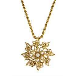 Edwardian 15ct gold pearl flower pendant / brooch, on a 12ct gold rope link chain necklace