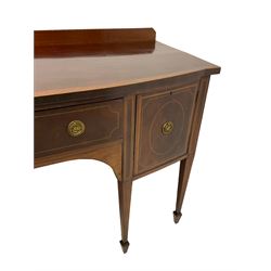 Edwardian mahogany bow-front sideboard, raised back and top with boxwood stringing and satinwood band, fitted with two drawers and cupboard, on square tapering supports with spade feet