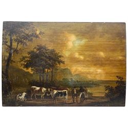 Circle of George Morland (British 1763-1804): Cows and Figures in Open Landscape, oil on panel unsigned 56cm x 81cm (unframed)