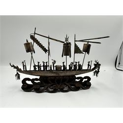 19th century Chinese Export silver model of a Dragon boat, with rowers and musicians, on pierced hardwood stand, L20cm approx